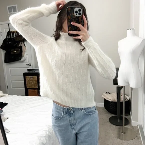 sezane white mohair wool fuzzy dainty mock neck turtleneck sweater
